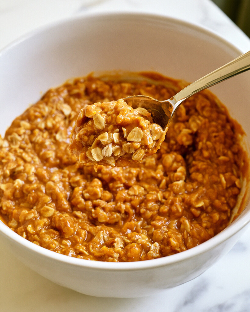 Thick orange pumpkin baked oatmeal batter in a white bowl with visible rolled oats on a spoon