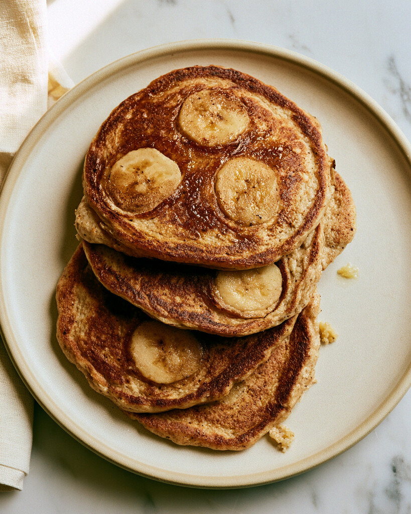 Cooked banana oat pancakes piled on a light plate highlighting crispy edges and caramelized fruit