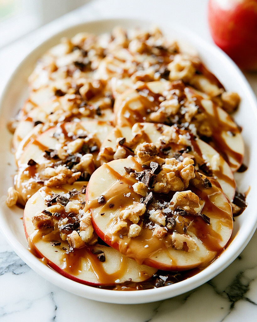 Apple rings topped with warm nut butter, date caramel, and dark chocolate pieces