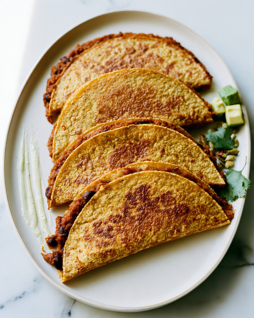 Crispy baked pumpkin tacos arranged on an oval plate with lime wedges, diced avocado, and fresh cilantro
