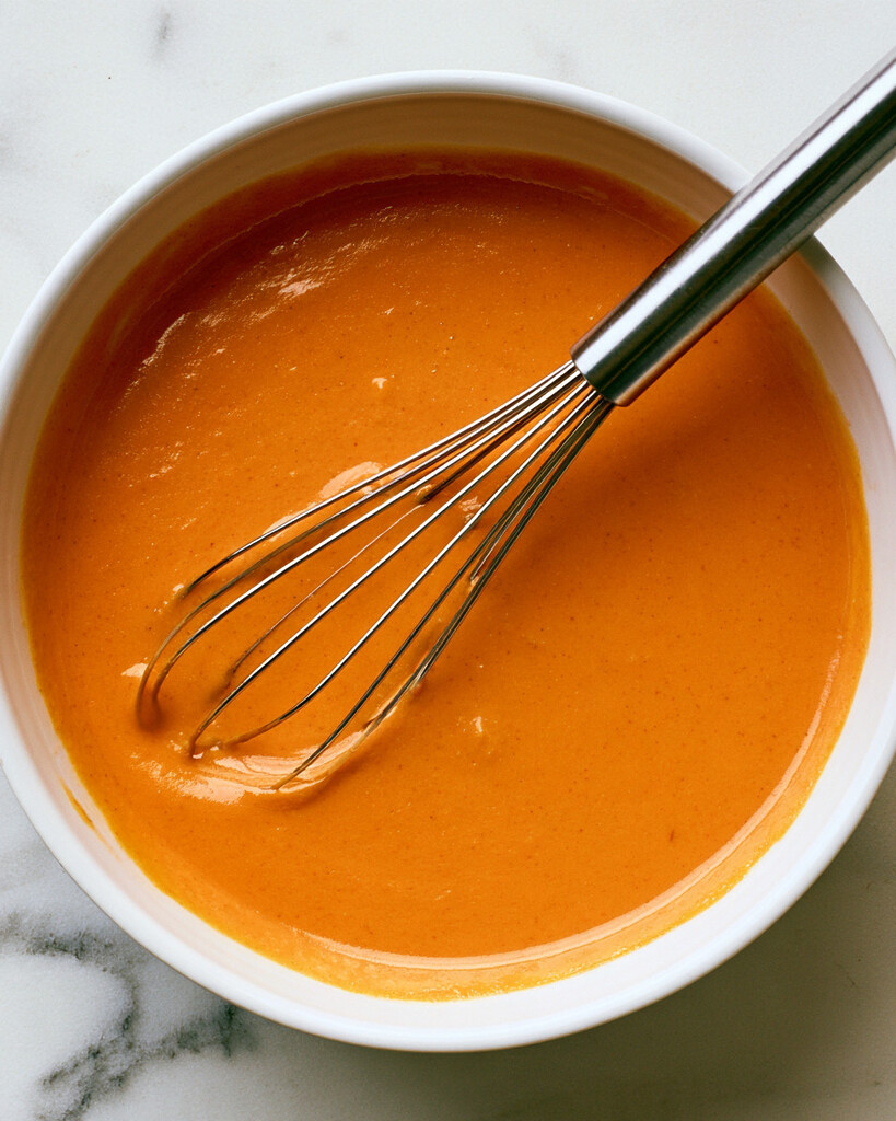 Whisking an orange mixture of pumpkin puree, milk, and almond butter in a white mixing bowl