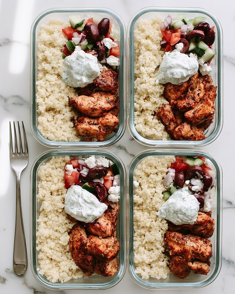 Four glass meal prep containers lined up, each filled with fluffy couscous, spiced roasted chicken, chopped horiatiki salad, and thick tzatziki