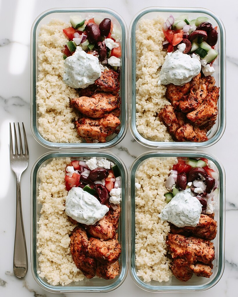 Four glass meal prep containers lined up, each filled with fluffy couscous, spiced roasted chicken, chopped horiatiki salad, and thick tzatziki