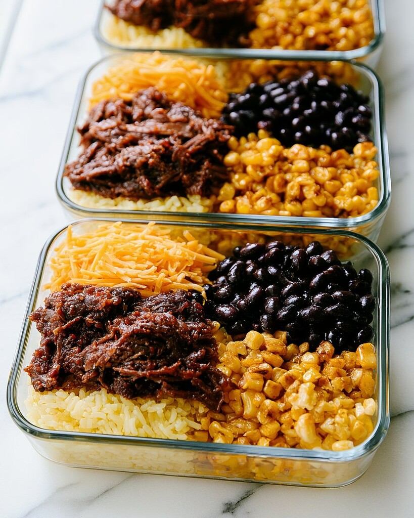3 glass meal prep containers lined up, filled with yellow rice, shredded beef, black beans, corn, and cheddar