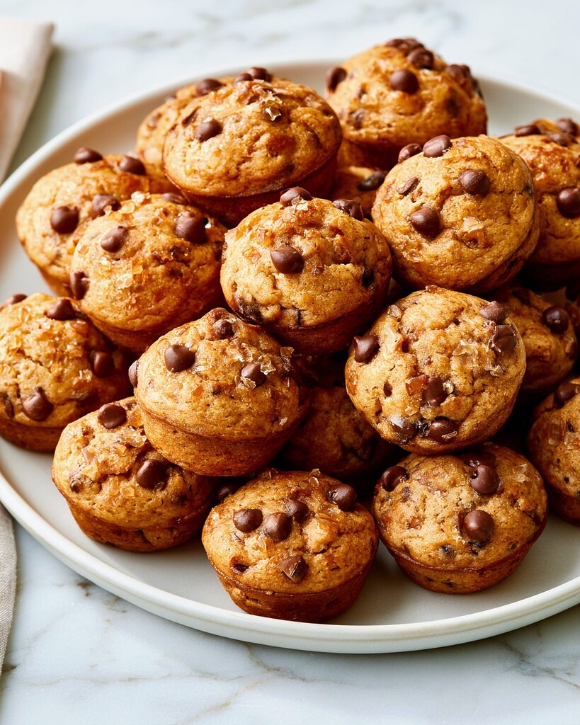 Golden brown mini chocolate chip muffins stacked high on a white serving plate