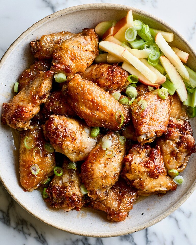 Hot honey and cider-glazed wings arranged in a bowl with fresh apple and celery slaw