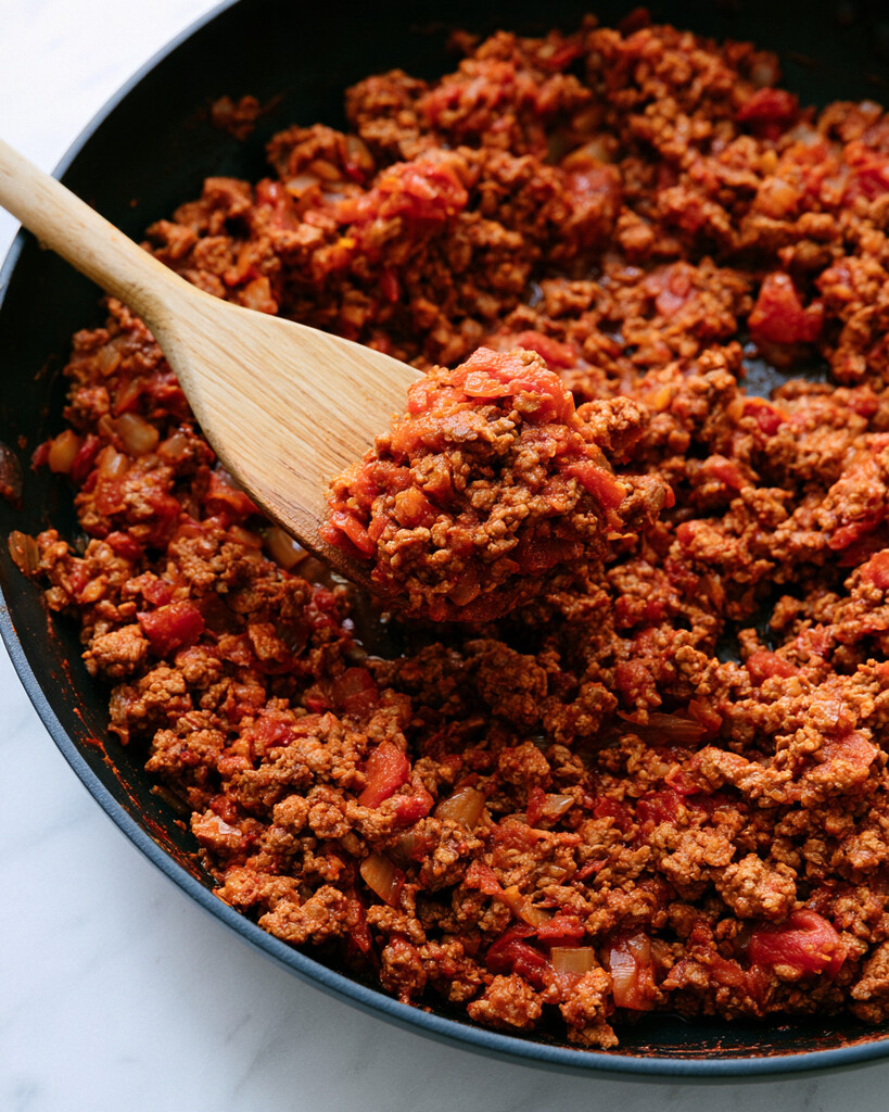 Thick ground turkey chili simmering in a black skillet with tomatoes and onions