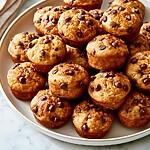 Bite-sized Greek yogurt mini muffins arranged on a wide plate with golden brown crusts and rounded tops dotted with chocolate chips