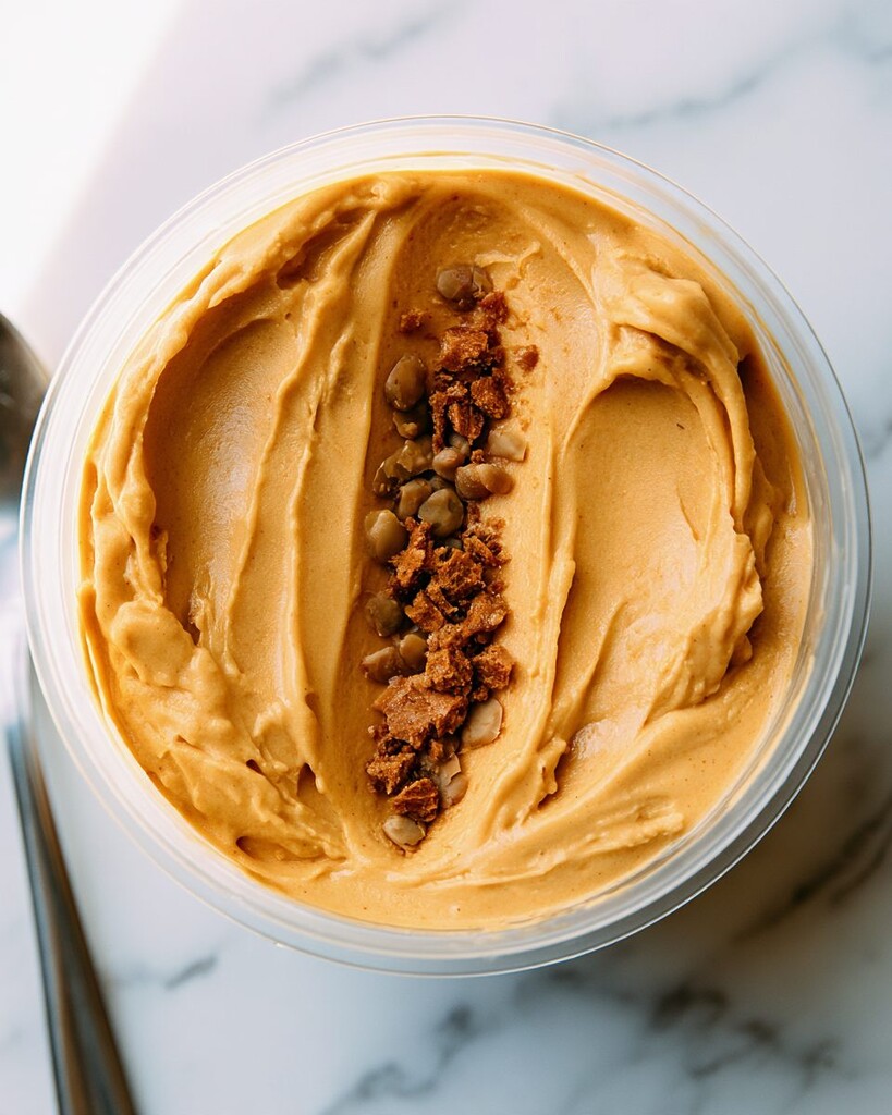 Smooth pumpkin ice cream in a Creami pint with chopped Biscoff cookies pushed down the center
