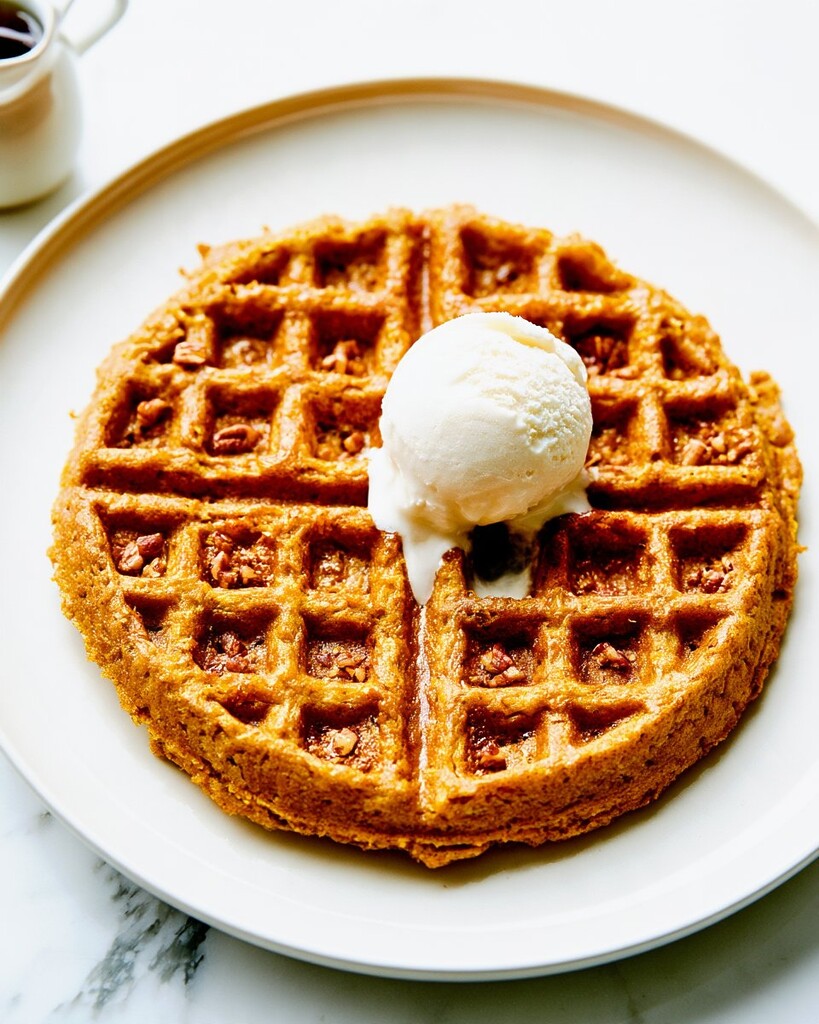 A pumpkin oat waffle cut into golden quarters with pecans and melting white ice cream