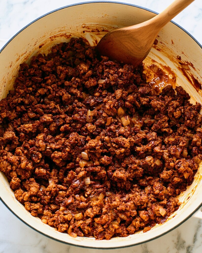 Dark brown spiced turkey mixture sauteing in a pot with visible onion pieces