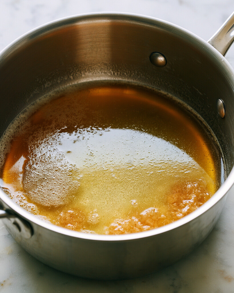 Butter browning in a metal saucepan with light foam settling on the surface