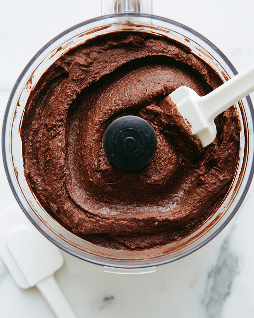 Smooth, thick chocolate base blended inside a food processor bowl