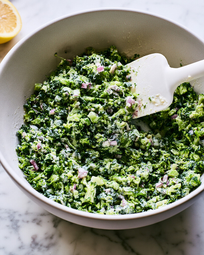 Finely chopped raw broccoli and red onions coated in a wet green dressing inside a large mixing bowl.