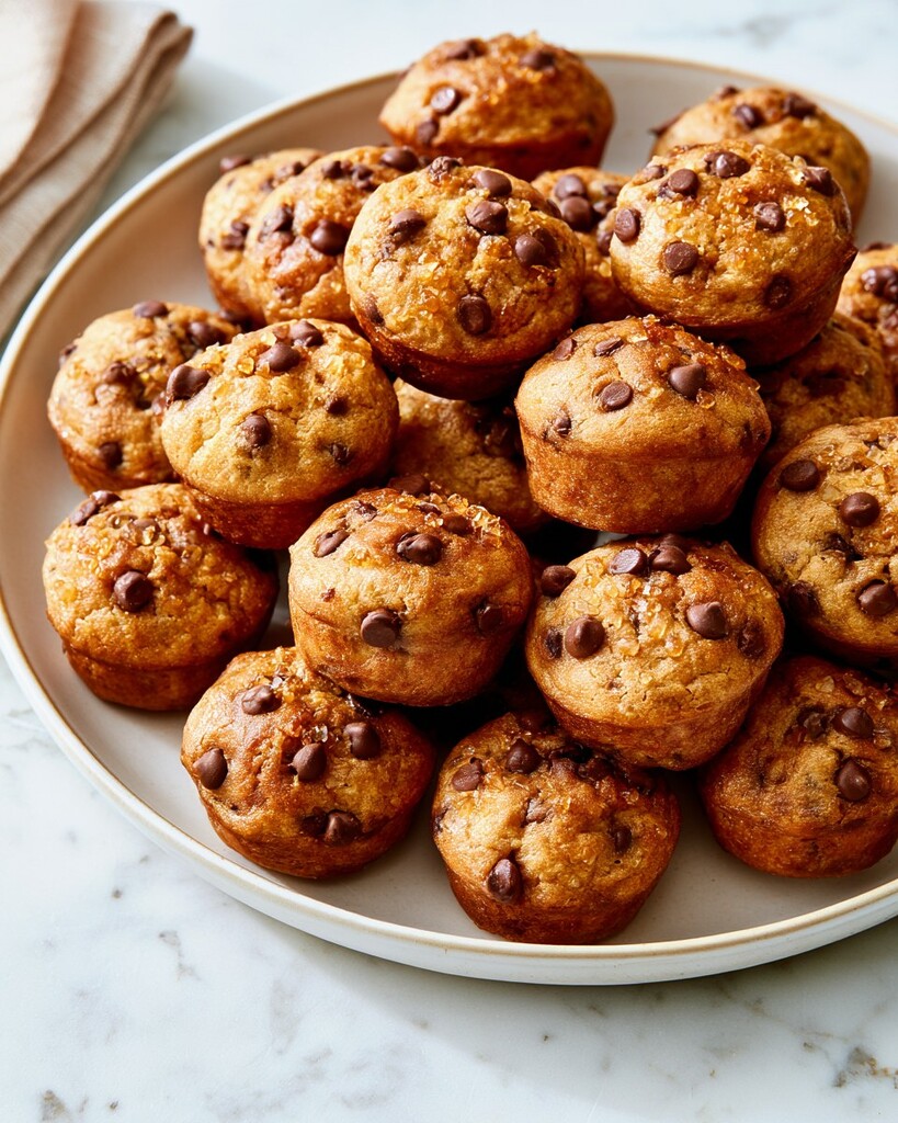 Bite-sized Greek yogurt mini muffins arranged on a wide plate with golden brown crusts and rounded tops dotted with chocolate chips