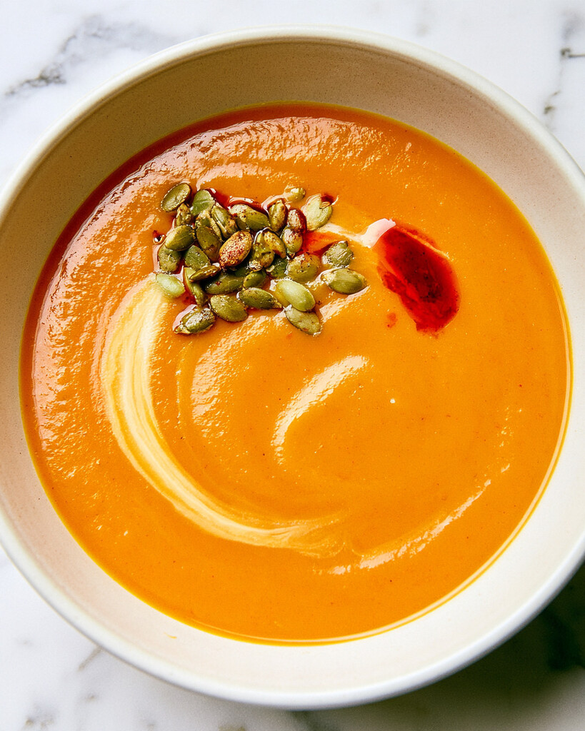 Velvet-textured miso squash soup served with a swirl of cream and a touch of chili oil