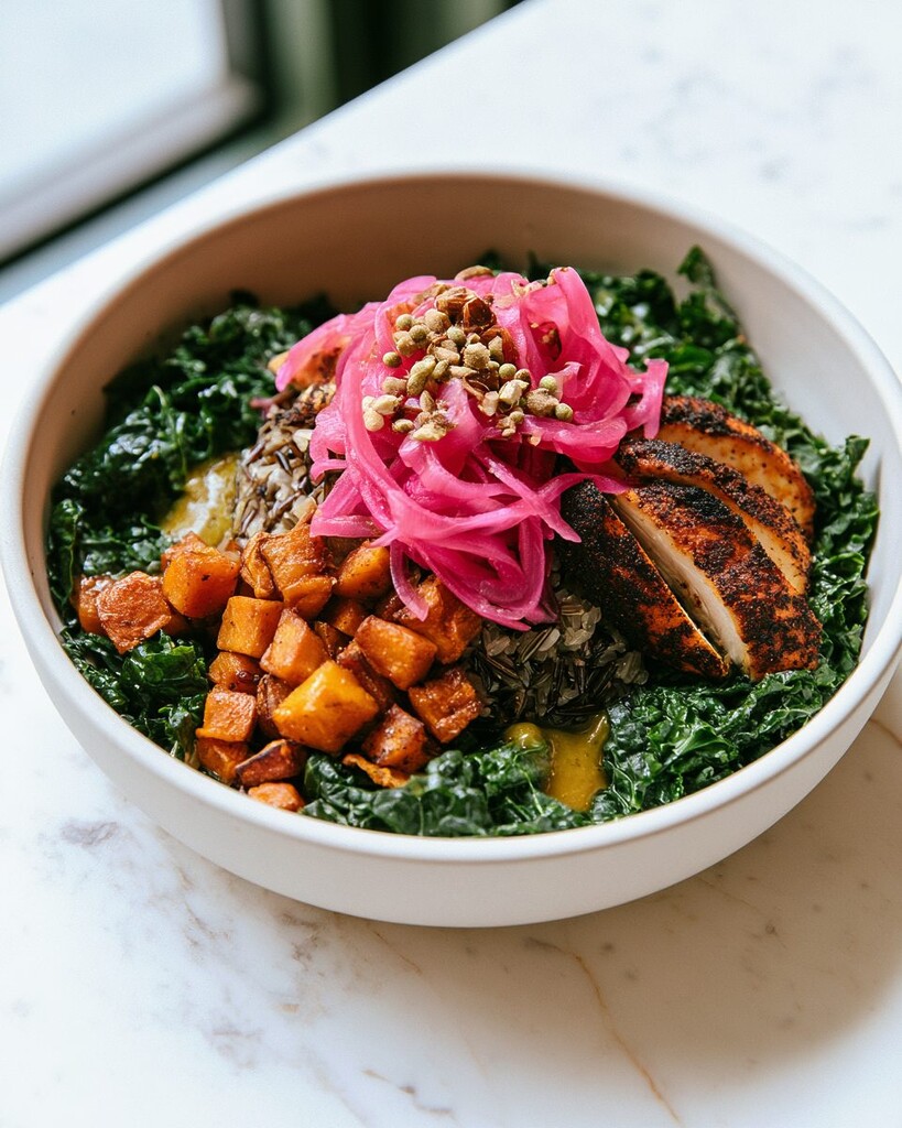 Fully assembled blackened chicken and sweet potato bowl ready to eat