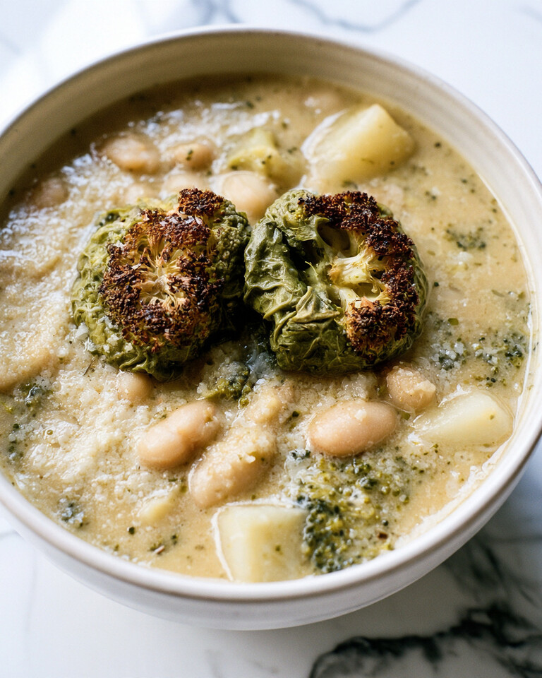 Bowl of thick sheet-pan charred broccoli and white bean soup topped with dark roasted florets and potato cubes