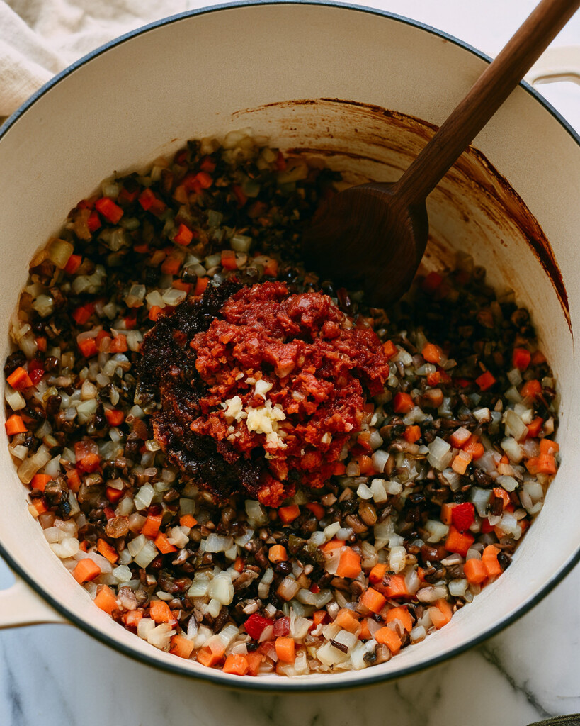 Sautéed onion, carrots, and finely chopped mushrooms pushed around tomato paste and minced garlic in a Dutch oven
