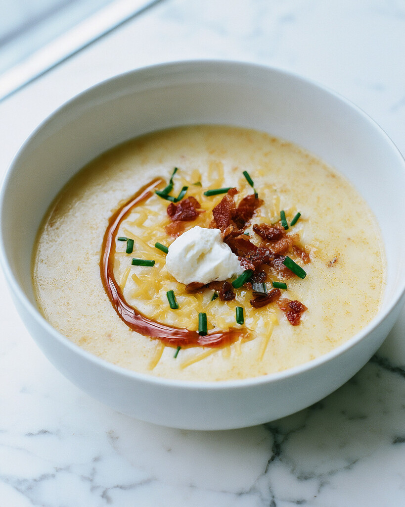 Creamy baked potato soup in a white bowl garnished with shredded yellow cheddar, crispy bacon, sour cream, and sliced chives