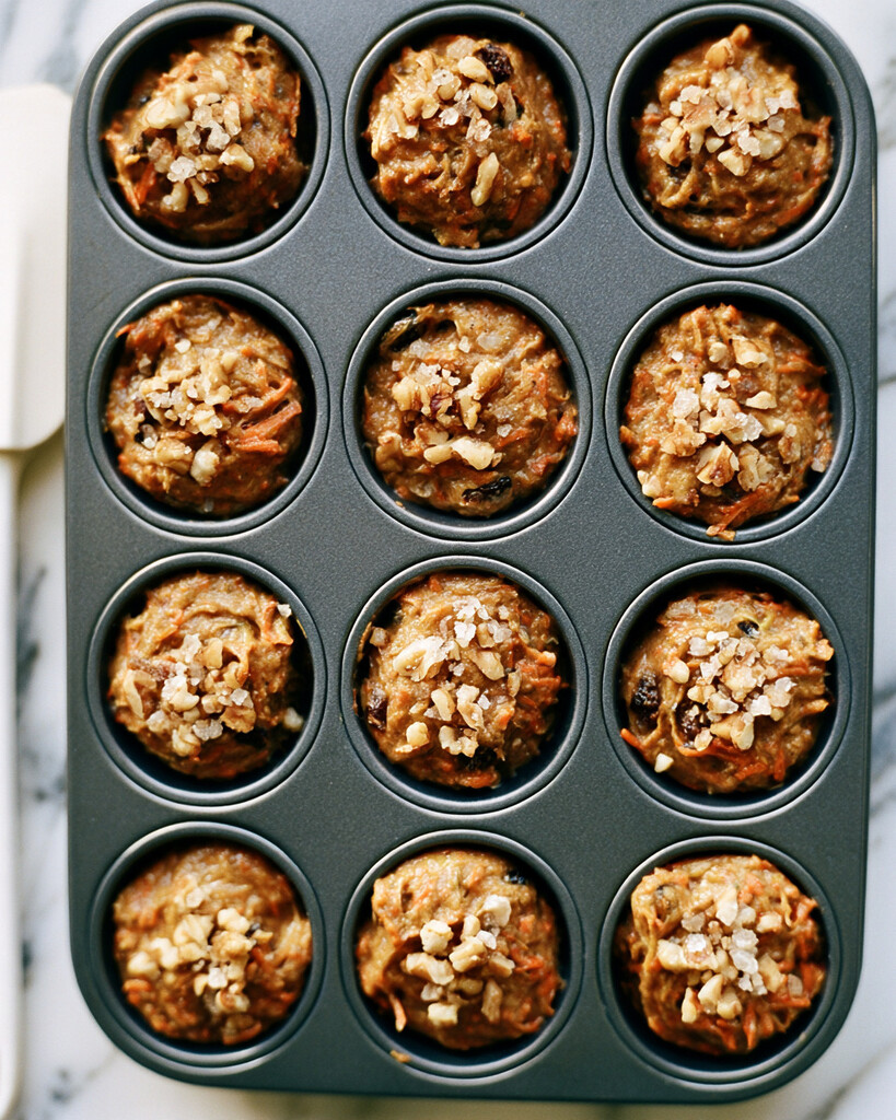 Raw carrot banana muffin batter in a metal tin topped with chopped walnuts and coarse turbinado sugar before baking