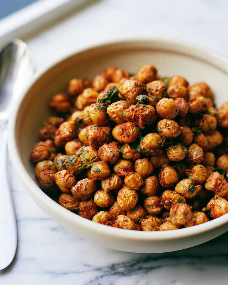 Smoky ranch roasted chickpeas with green herbs and red spices in a ceramic bowl