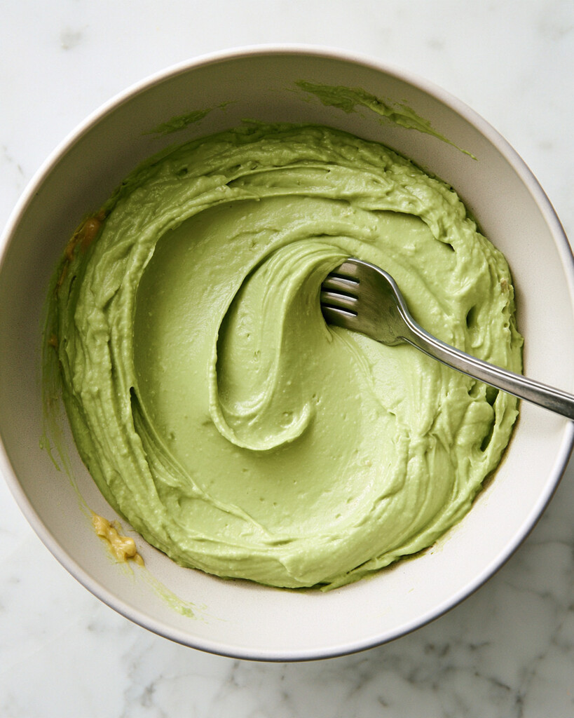 Pale green avocado and egg yolk filling being mashed with a metal fork in a white bowl