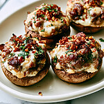 Sausage stuffed mushrooms topped with blistered cheese and crispy bacon on a white plate
