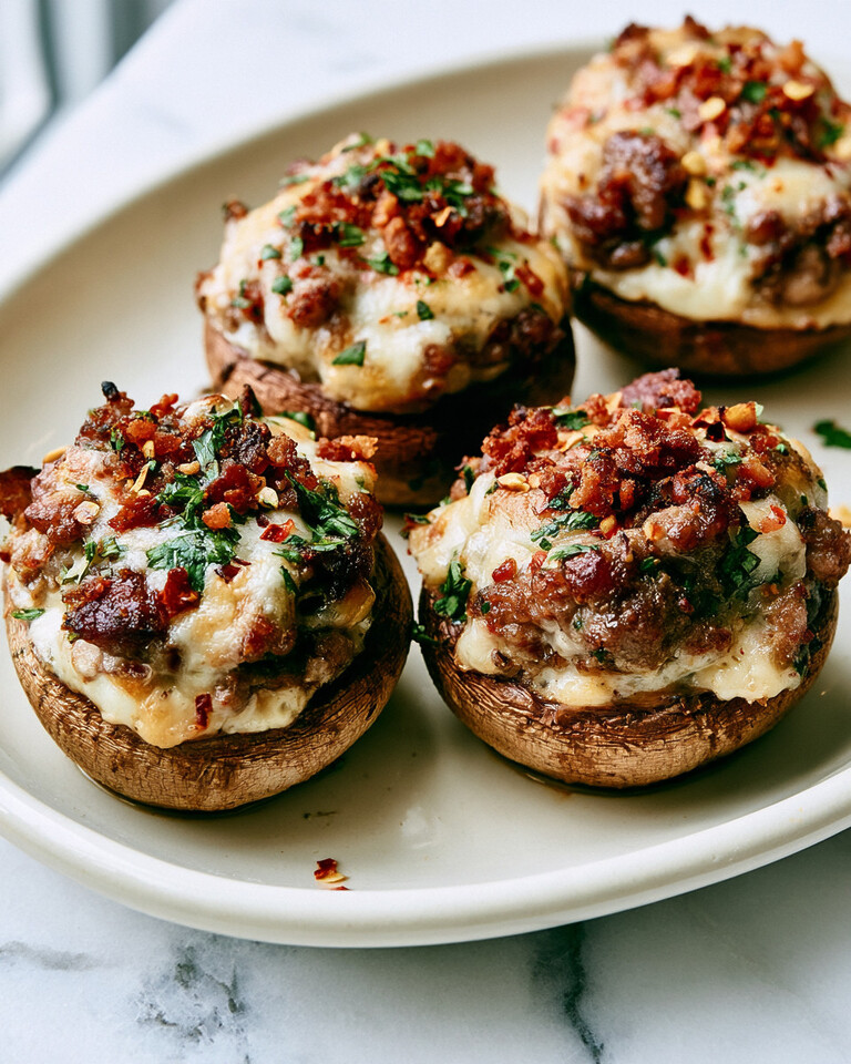 Sausage stuffed mushrooms topped with blistered cheese and crispy bacon on a white plate