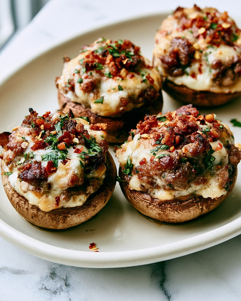 Sausage stuffed mushrooms topped with blistered cheese and crispy bacon on a white plate