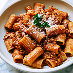 Ceramic plate of balsamic-butter lentil bolognese tossed with rigatoni and topped with grated Parmesan and torn basil