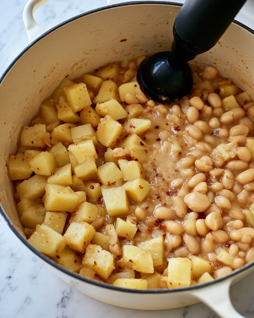 Immersion blender in a pot of thick broth with cubed Yukon Gold potatoes and white beans