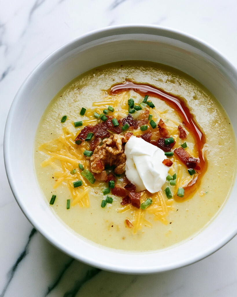 Garlic-butter loaded baked potato soup in a white bowl with cheddar, bacon, sour cream, chives, and a butter swirl