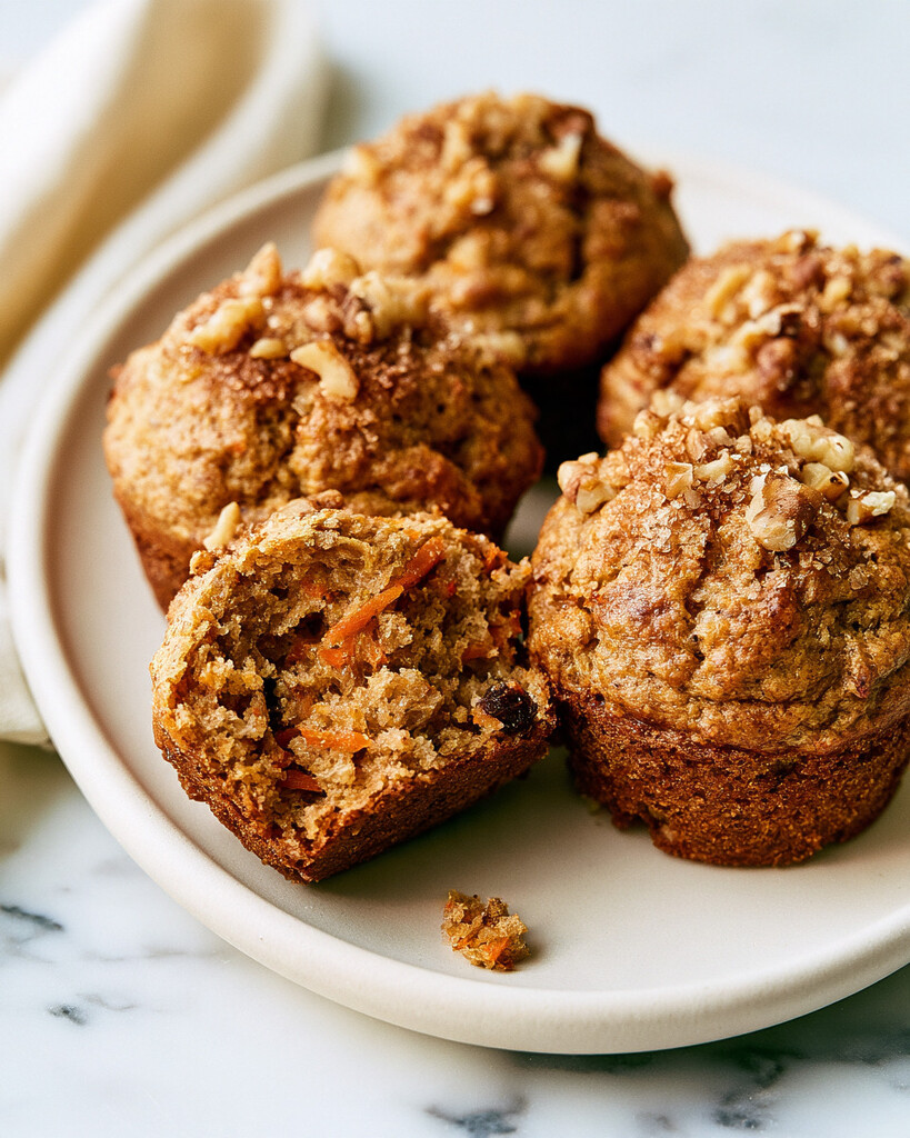 Golden baked carrot banana muffins on a plate with one broken open to show the moist carrot-flecked crumb