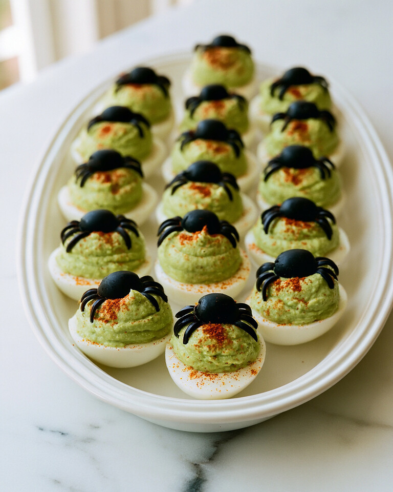 Halloween deviled eggs with vivid green avocado filling and black olive spiders on a white oval platter