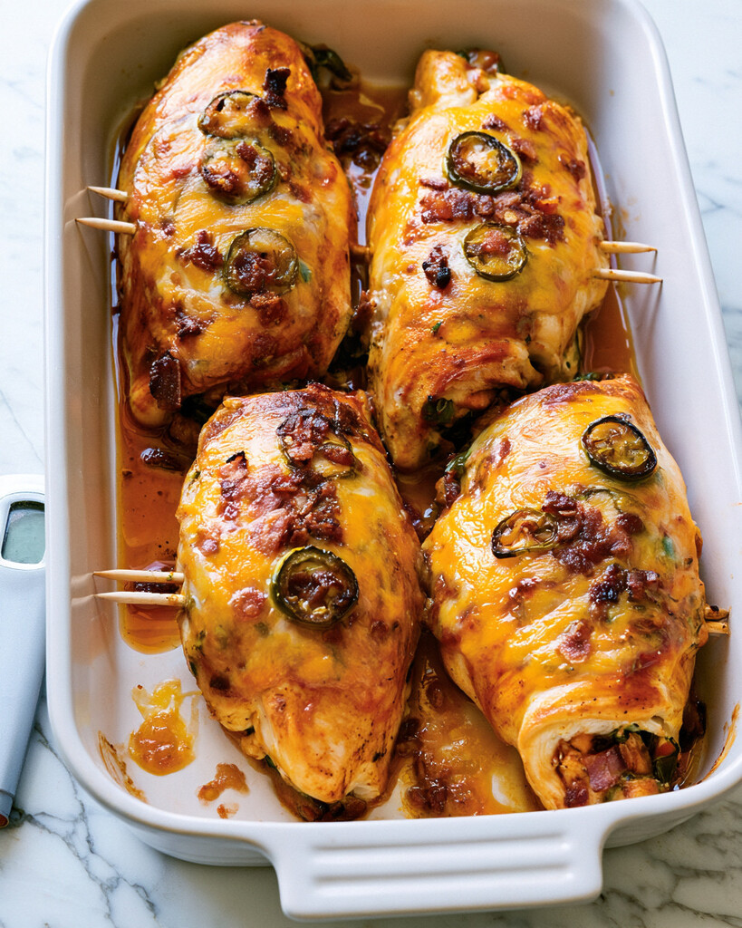 Four Cajun-rubbed chicken breasts pinned with toothpicks and topped with cheddar cheese, bacon, and jalapeños in a white baking dish