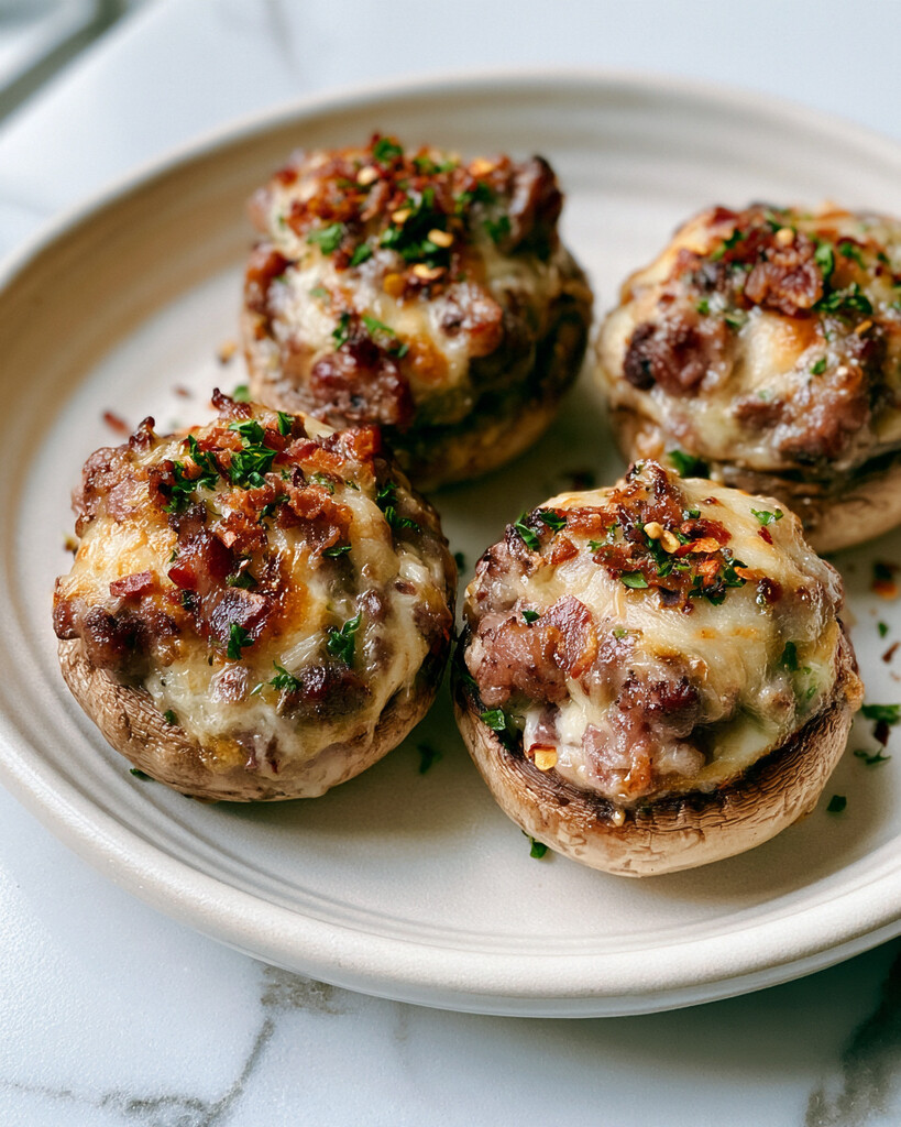 Close up of a baked stuffed mushroom with melted cheese, parsley, and bacon pieces