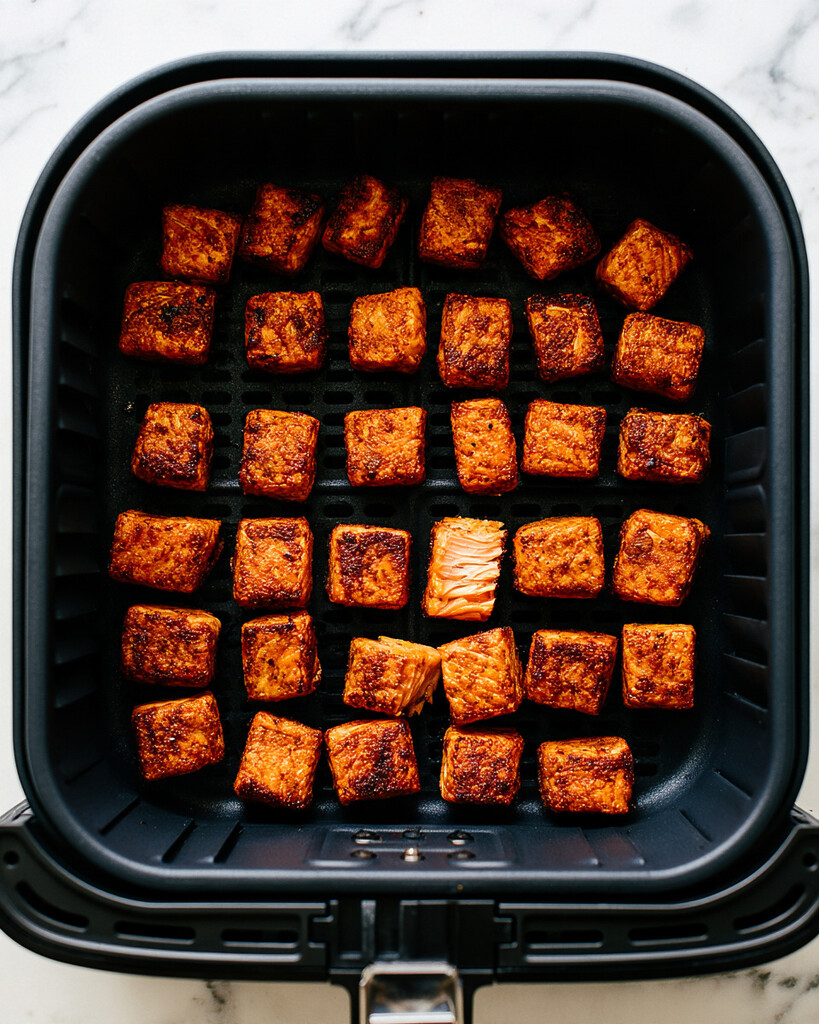 Dark blackened salmon bites in an air fryer basket with one cube split open showing a pale pink flaky center