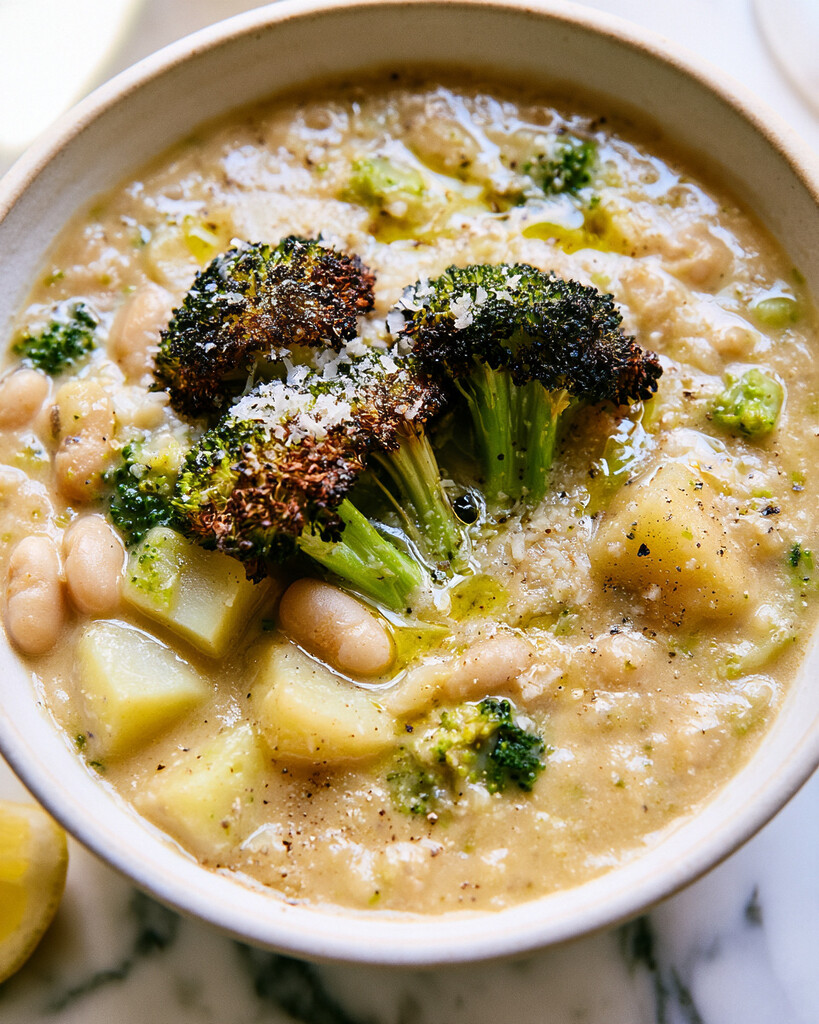 Finished bowl of creamy broccoli and white bean soup with roasted florets, potatoes, and grated cheese