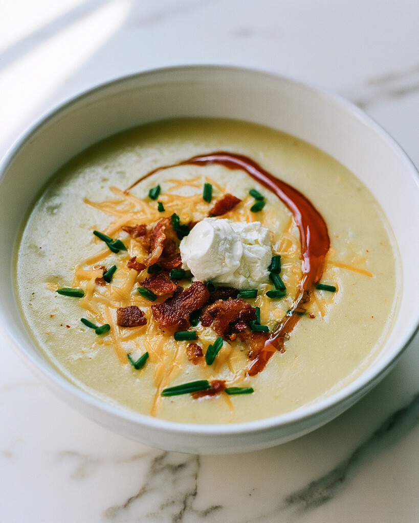 Smooth garlic-butter loaded baked potato soup in a white bowl topped with bacon, cheddar, sour cream, chives, and melted butter