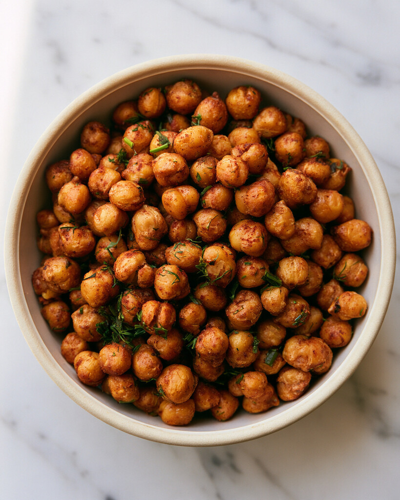 Golden-brown smoky ranch roasted chickpeas with green herbs in a round bowl