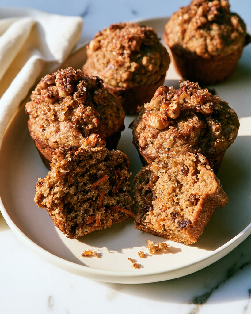 Golden carrot banana muffins on a white plate with a walnut-sugar crust and two halves showing carrots and raisins