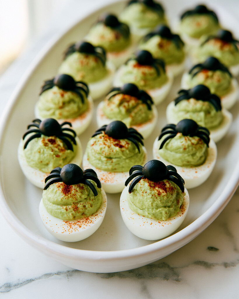 Sliced black olive halves arranged as spider bodies and legs over green deviled egg filling sprinkled with red paprika