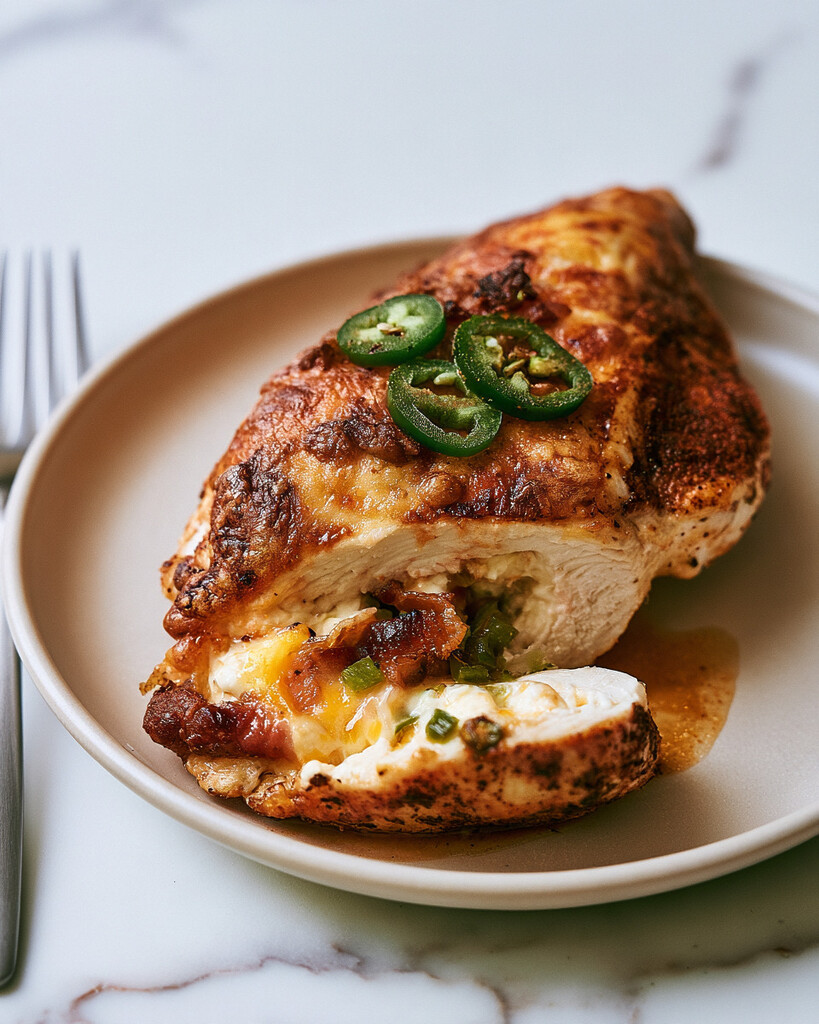 Cajun jalapeño popper stuffed chicken breast sliced in half on a ceramic plate, showing the melted cream cheese, cheddar, and bacon filling