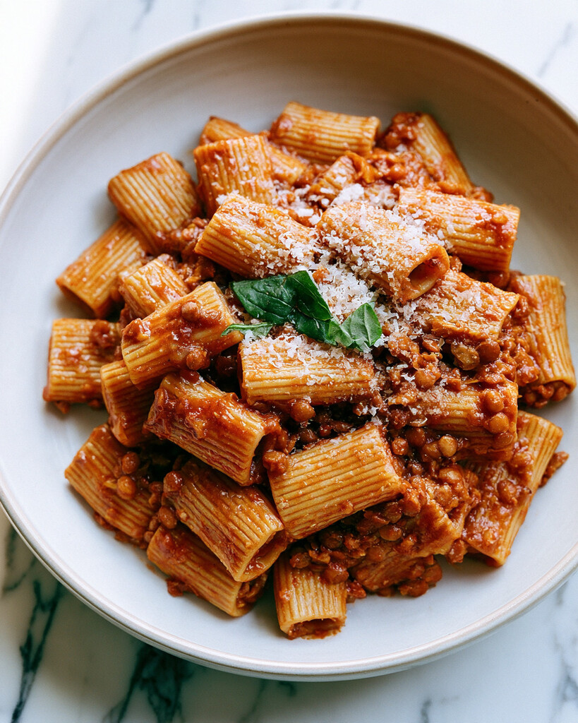 Rigatoni coated in lentil bolognese sauce topped with grated Parmesan cheese and fresh green basil leaves