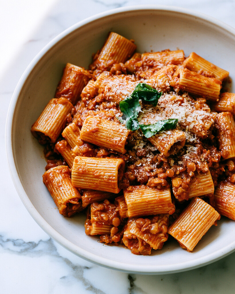 Serving bowl of rigatoni coated in thick lentil bolognese with visible lentils, grated Parmesan, and fresh basil