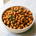 Roasted chickpeas seasoned with smoky ranch herbs in a ceramic serving bowl