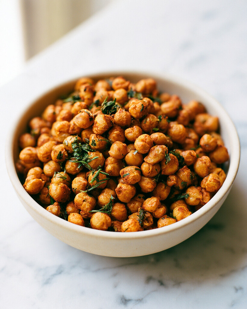 Roasted chickpeas seasoned with smoky ranch herbs in a ceramic serving bowl