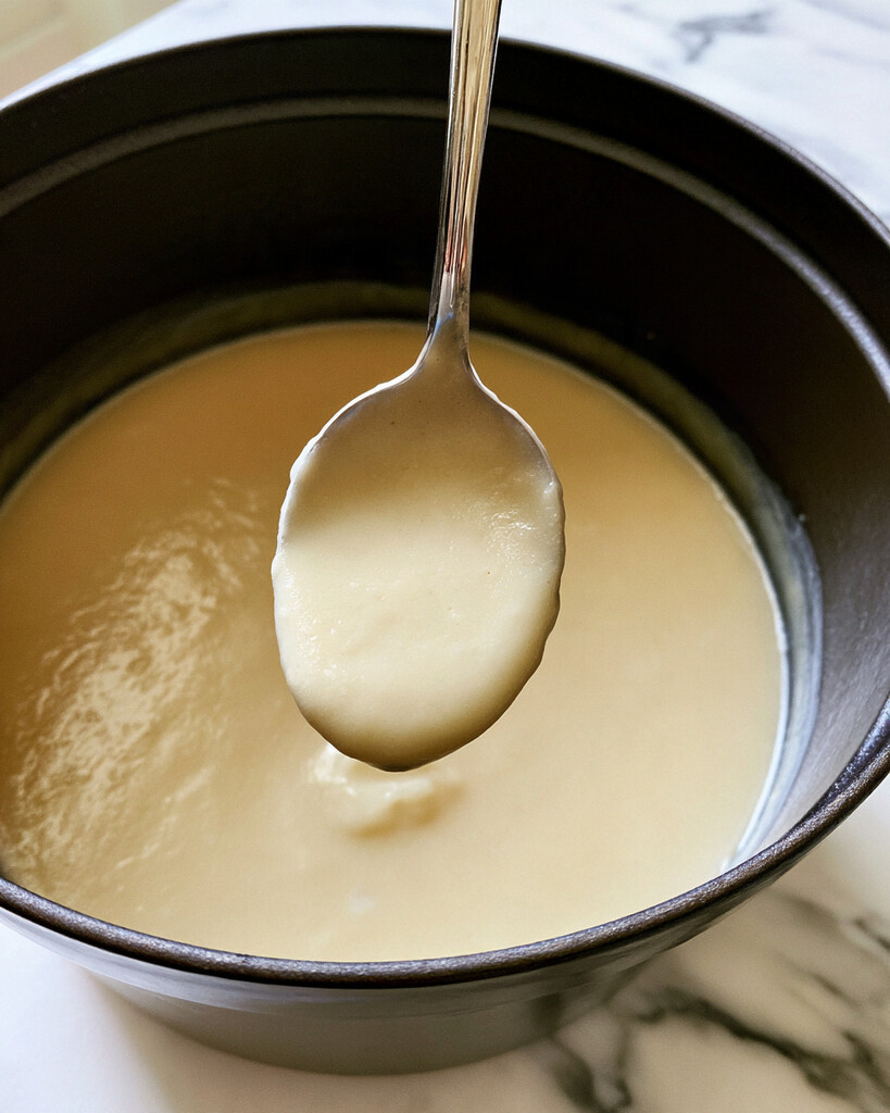 A spoon lifting thick, pale creamy potato soup above a dark Dutch oven