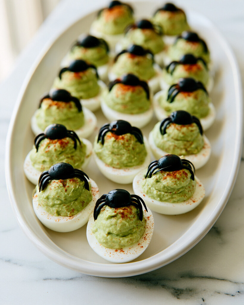 Finished Halloween deviled eggs with olive spiders arranged neatly on a white serving dish